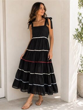 NWT Storia Black Tiered Tencel Midi Dress Tie Shoulder Lined SizeM